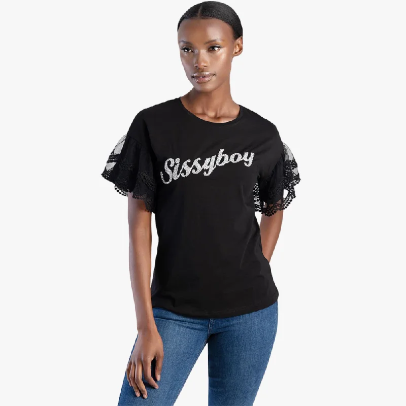 Sissy Boy Caviar Logo Short Lace Sleeve Top Black