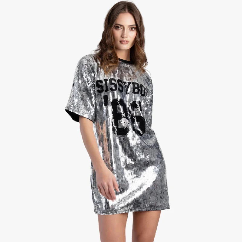 Sissy Boy Womens Boxy Loose Sequin Short Sleeve Tee Silver