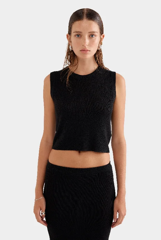 Rib Knitted Cropped Tank - Black