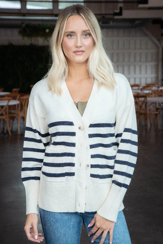 Blair Striped Button Down Cardigan, Cream