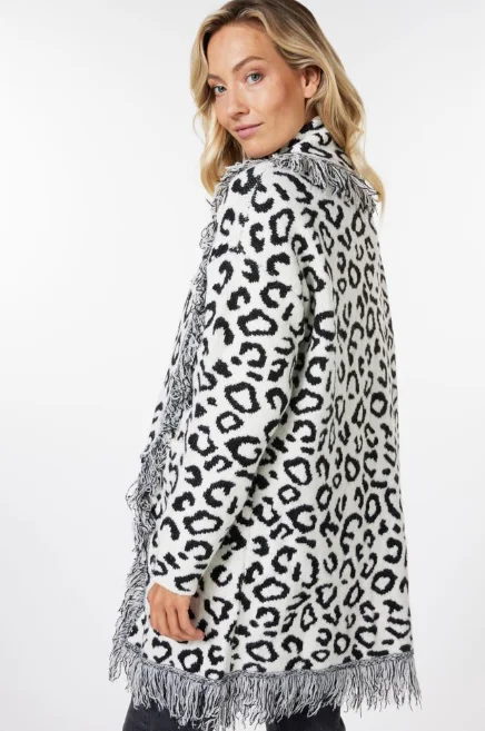 Esqualo Leopard Print Fringe Cardigan