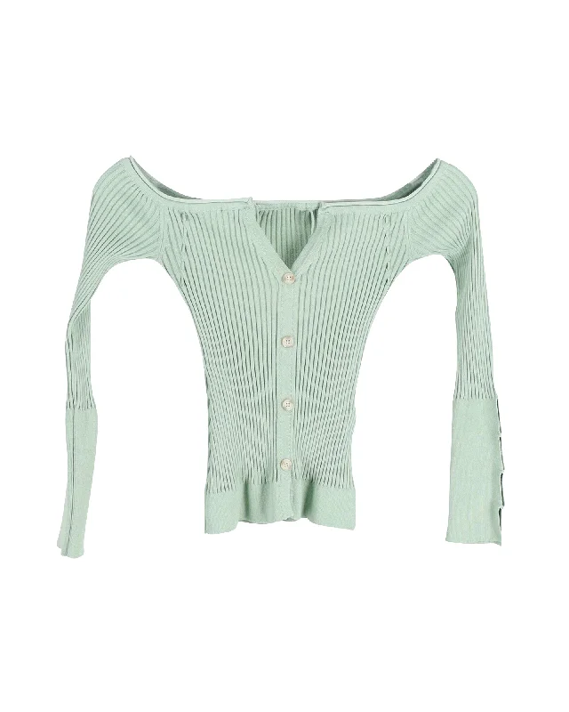 Jacquemus Tordu Cold-Shoulder Ribbed-Knit Cardigan in Green Viscose