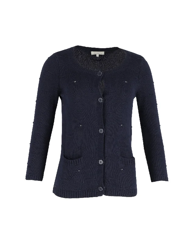 Sandro Paris Studded Cardigan in Navy Blue Cotton