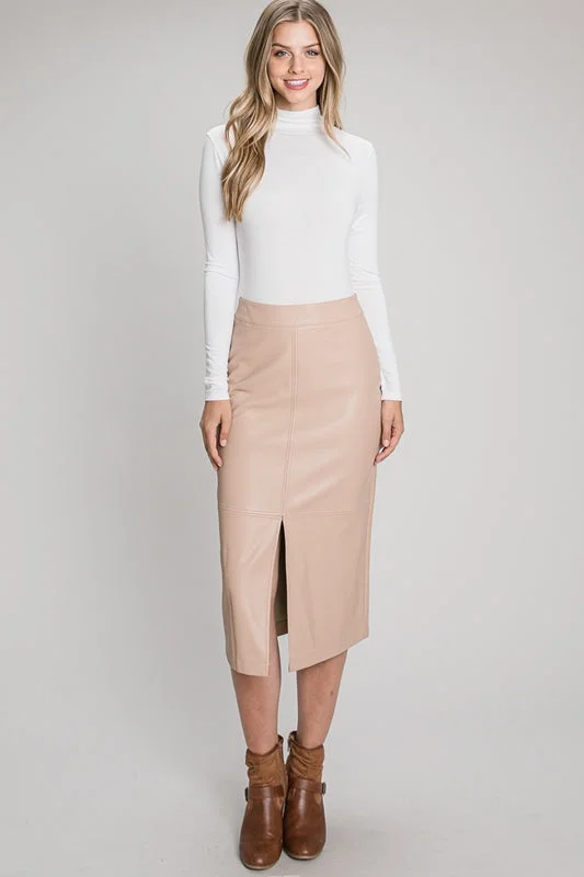 Allie Rose Faux Leather Pencil Midi Skirt - Nude