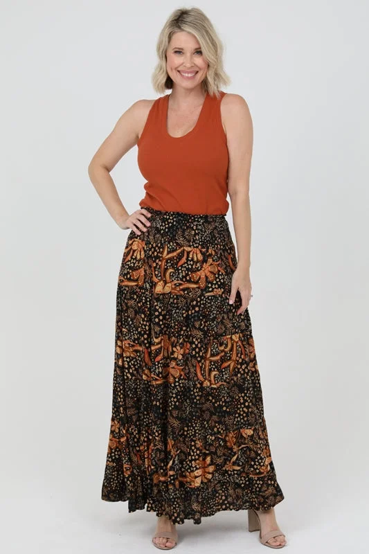 Nostalgia Tiered Floral Print Boho Skirt - Black