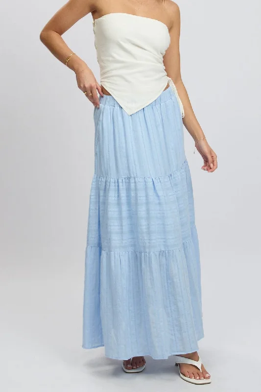 Blue Tiered Maxi Skirt High Rise Elastic Waist Lined