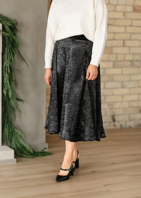 Crinkle Satin Black A-line Skirt