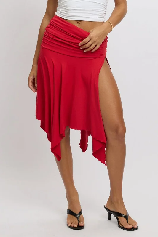 Red Scarf Hem Skirt High Rise Midi Asymm Supersoft