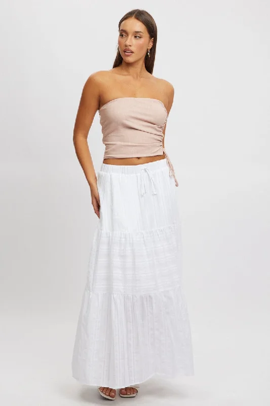 White Tiered Maxi Skirt High Rise Elastic Waist Lined