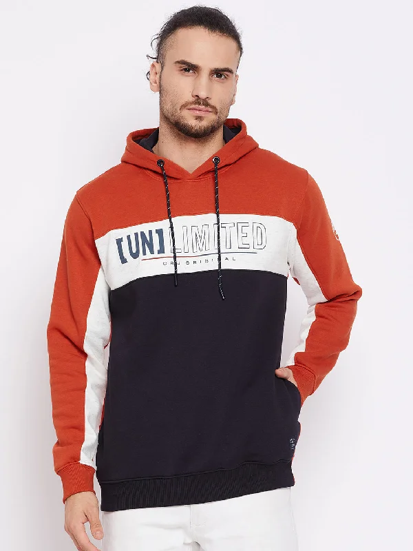 Men Rust Full Sleeves Hooded Neck Casual Sweatshirt