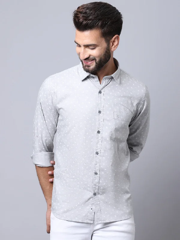 Men's Light Grey Casual Floral Print Full Sleeve Shirt