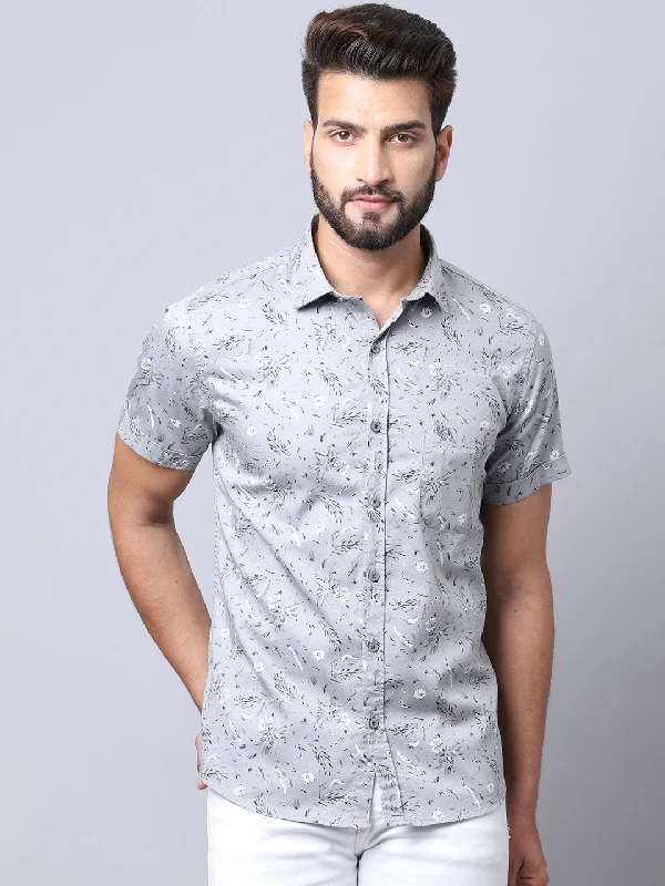 Men's Light Grey Casual Floral Print Half Sleeve Shirt