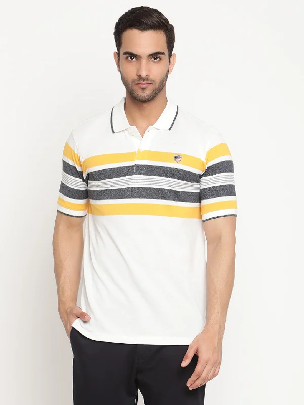 Men's White Stripe Polo neck Half Sleeve T-Shirt