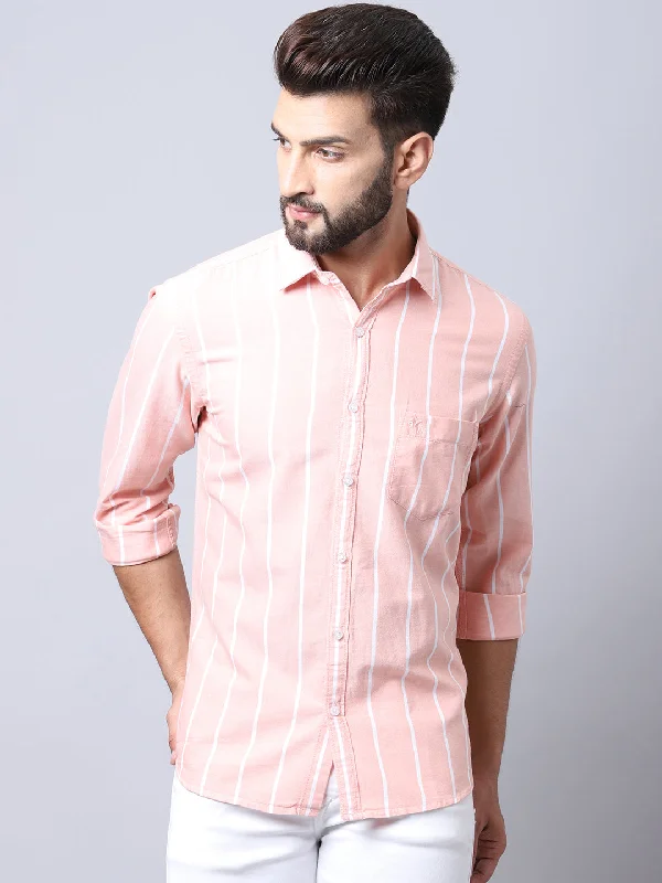 Men's Light Orange Casual Broad Stripe Full Sleeve Shirt