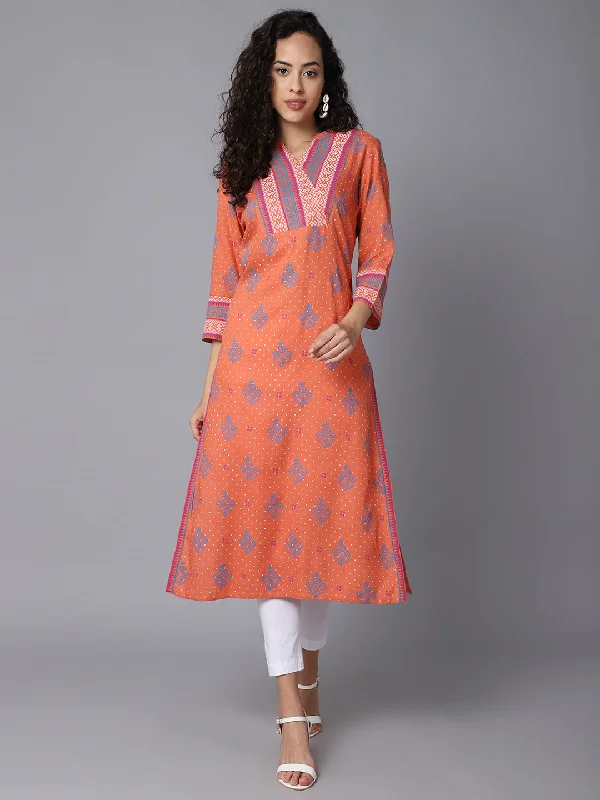 Women's Casual Band Collar Coral All Over Printed with border Calf length Kurti