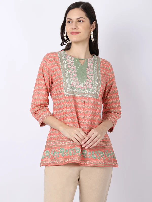 Women's Casual  Coral Geometric print with Floral print border Round neck with keyhole Tunic