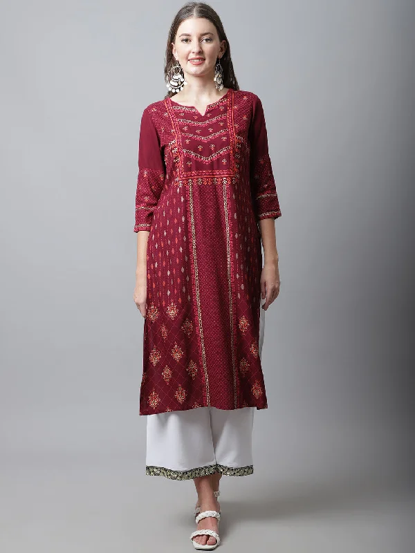 Women's Casual Round neck Maroon Printed Calf length Kurti