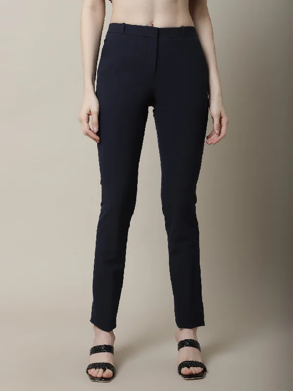 Women's Formal Flat Front Navy Blue Full length Mid rise Trousers