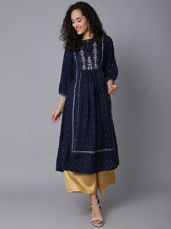 Women's Casual Round Neck Navy Blue Embroidered Calf Length Kurti