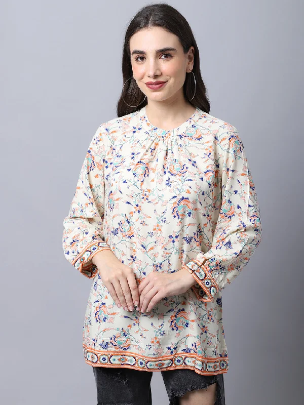 Women's Casual  Orange Floral Print Band Collar Tunic