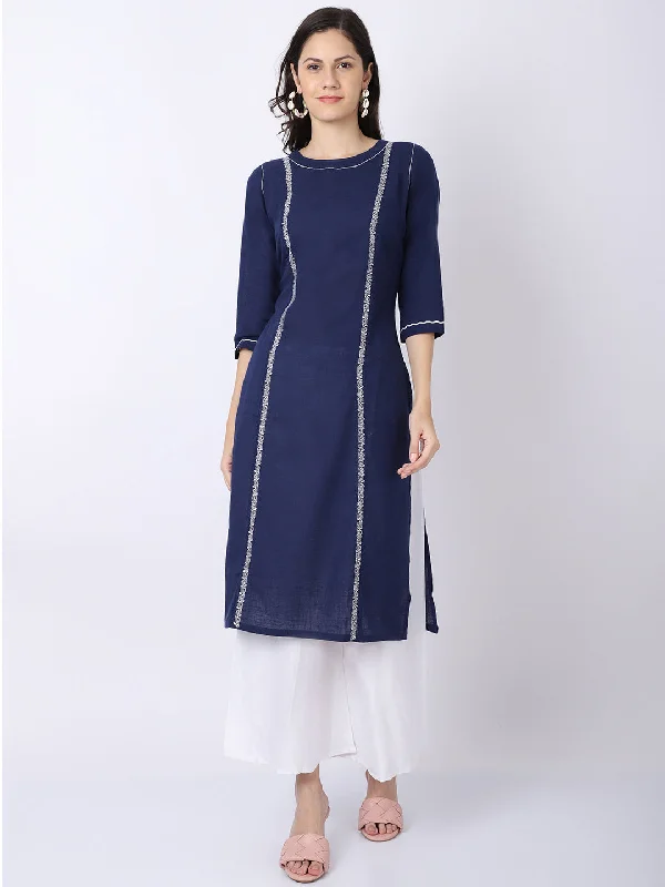 Women's Casual Round neck Navy Blue Embroidered Knee length Kurti