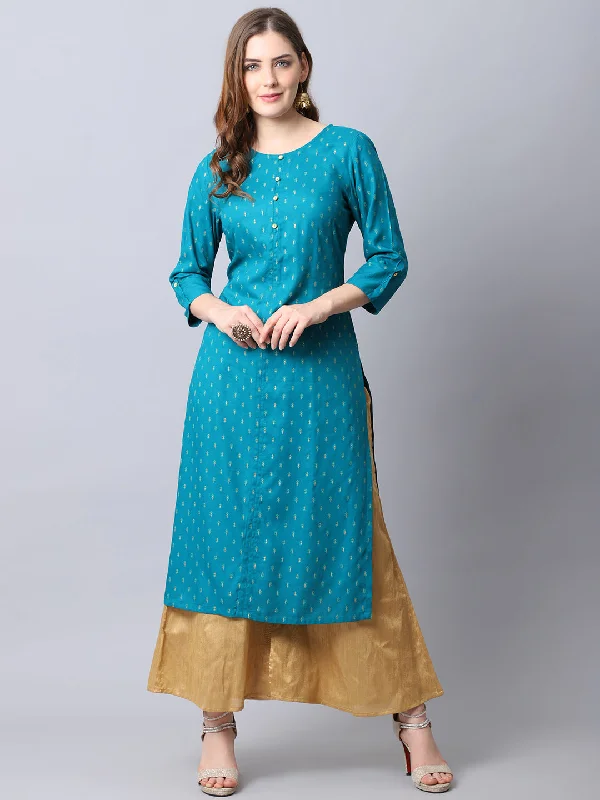 Women's Casual Round neck Teal All over Printed   Calf length Kurti